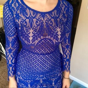 Long Sleeve Blue Lace Midi Dress with Sexy Cutout!